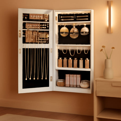 Mirror Jewelry Cabinet Armoire with Built-In LED Lights, Wall or Door Mounted Jewelry Storage Organizer, 3.8 X 14.6 X 26.4 Inches Hanging Mirror Cabinet, Gift Idea, White UJJC050W01