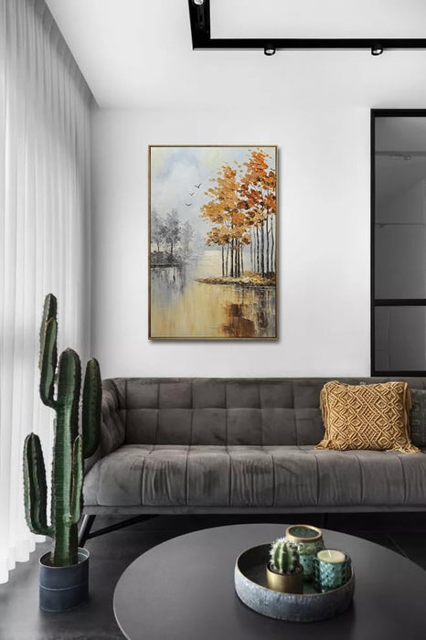 Framed 24X36 Inches Hand-Painted Oil Landscape Painting on Canvas, Living Room Wall Art