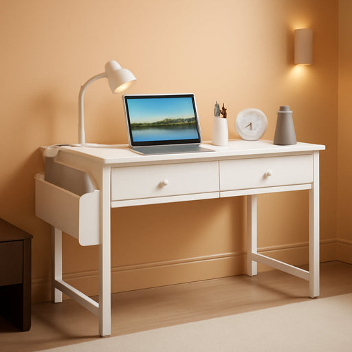 Small White Desk with Drawers - for Bedroom, 32 Inch Home Office Computer Desk with Fabric Storage Drawer and Bag, Study Writing Table for Small Spaces, White