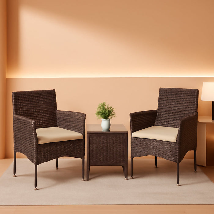 3 Pieces Patio Dining PE Rattan Wicker Chair Furniture Set with Cushion and Glass Coffee Table for Outdoor Garden Backyard Poolside, Brown and Beige