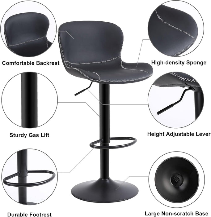 Bar Stools Set of 2, PU Leather Counter Height Barstools with Back, Height Adjustable Swivel Bar Chairs, Modern Armless Kitchen Island Stool, Black