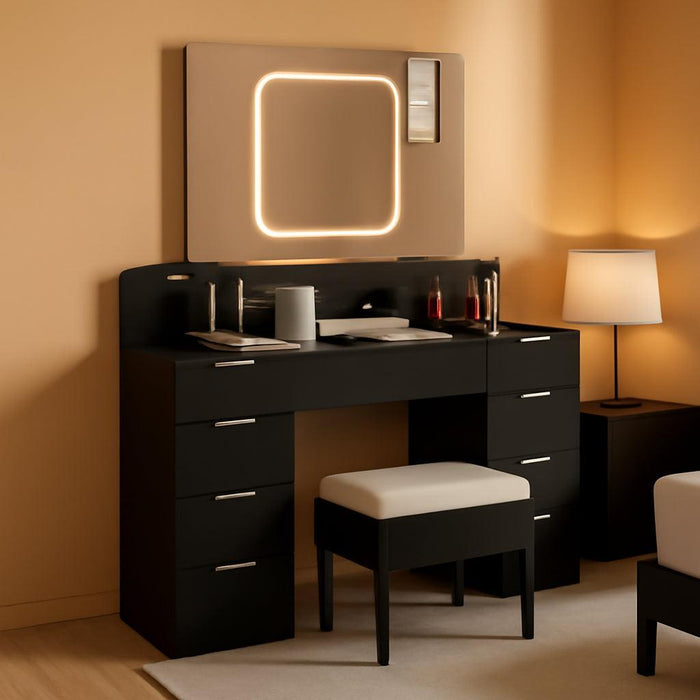 Large Vanity Table Set with 3 Opening Mirrors & LED Lights, Makeup Desk with 9 Drawers, 3 Hidden Cabinets and Charging Sockets, Upholstered Bedroom Stool