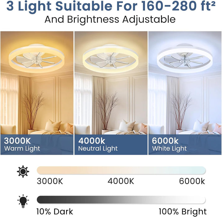 Ceiling Fans with Lights and Remote, 20" Foldable Modern Low Profile Ceiling Fan with Light, Stepless Color Temperature Change and 6 Speeds for Bedroom, Kids Room and Living Room (White)