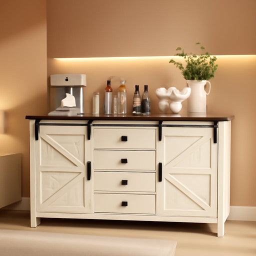 60" Wide Farmhouse Sideboard Buffet Cabinet, Antique White | 31.2" Tall Kitchen Cabinet with Storage, 2 Sliding Barn Doors, 4 Drawers, Rustic Wood, Coffee Bar Table, Dining Room