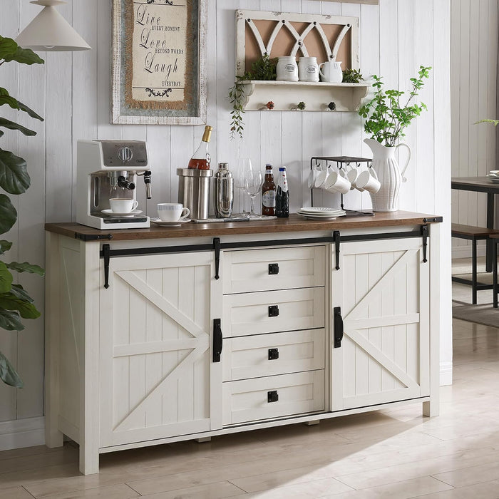 60" Wide Farmhouse Sideboard Buffet Cabinet, Antique White | 31.2" Tall Kitchen Cabinet with Storage, 2 Sliding Barn Doors, 4 Drawers, Rustic Wood, Coffee Bar Table, Dining Room