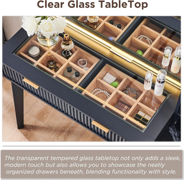 48" Fluted Vanity Desk with 36" Large HD Mirror and Lights, Modern Wood Glass Tabletop Makeup Table with Adjustable Storage Shelves, 5 Drawers, Charging Station for Bedroom, Dark Grey