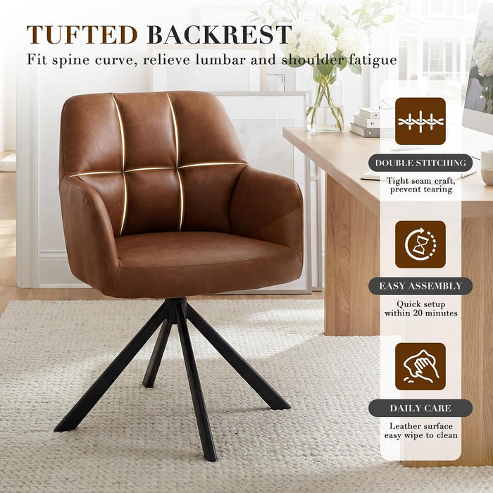 Comfy Leather Desk Chair Modern Computer Task Chair No Wheels Swivel Accent Chair with Mid Back Arm Chair for Living Room/Bedroom/Home Office, PU Brown