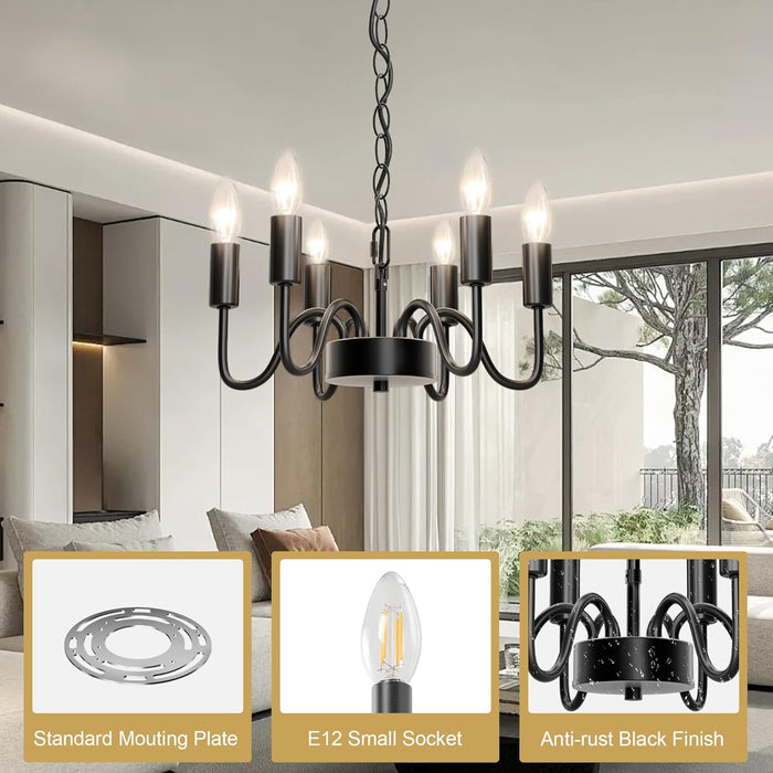 Black Chandelier for Dining Room, Rustproof 6-Light Farmhouse Chandelier Light Fixture, 47Inches Modern Candle Hanging Light for Bedroom, Adjustable Rope, E12 Small Base, Bulbs Not Included