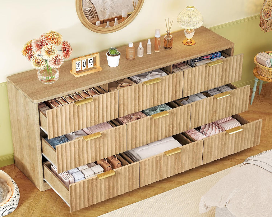 63" Dresser for Bedroom with 9 Drawers, Modern Dressers & Chest of Drawers with Metal Handles, Fluted Dresser, Wood Closet Clothes Storage Organizer for Living Room, Hallway, Natural