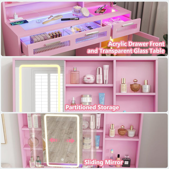 Vanity Desk with Mirror and Lights, Makeup Vanity with Transparent Top & RGB Drawers, Girls Vanity Table with Lighted Mirror for Bedroom Featuring 3 Modes & Outlet, Pink