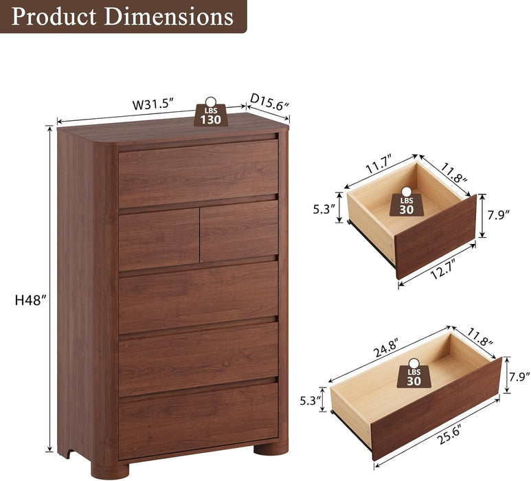 Walnut Dresser for Bedroom with 6 Drawers, 48" Tall Modern Chest of Drawers with Unique Thickened Foot, Rounded Corner Design, Wooden Dresser Organizer for Bedroom, Living Room, Hallway