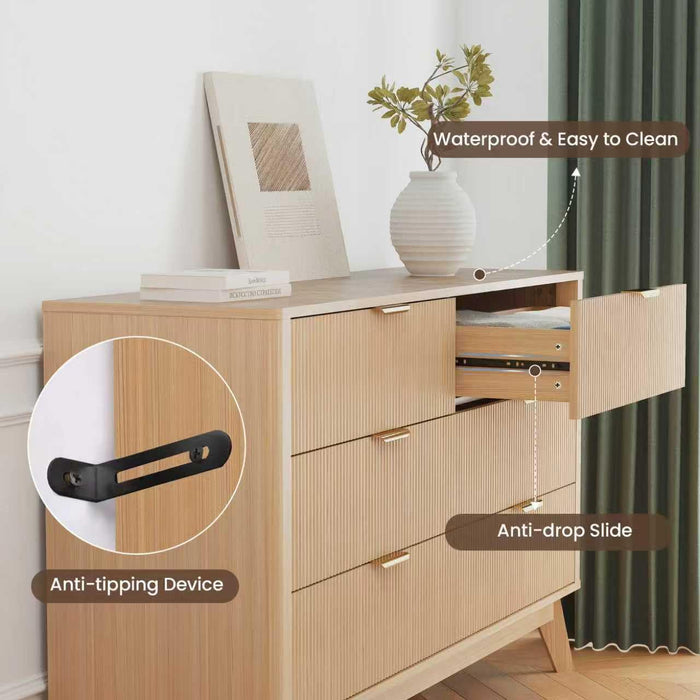 Fluted 6 Drawer Dresser,49.6'' Modern Wooden Dresser with Drawers, Curved Deep Drawer TV Stand, Natural Wood Chest of Drawers for Bedroom,Living Room, Hallway (Oak)