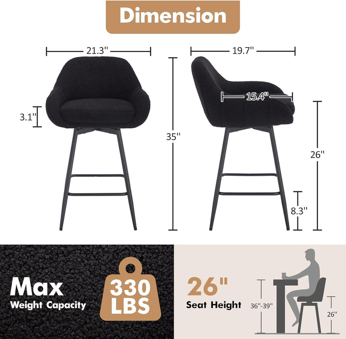 Modern Swivel Bar Stools Set of 2, 26" Counter Height Bar Stools for Kitchen Island, Upholstered Sherpa Fabric Barstools Island Chairs with Backs and Metal Legs, Black