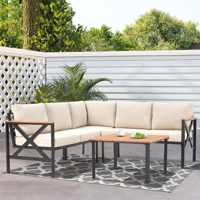 6 Pieces Patio Furniture Sets, Metal Outdoor Sectional Furniture L Shape Patio Conversation Sets with Fauxwood Coffee Table & 6.5" Olefin Cushions for Backyard, Garden, Poolside