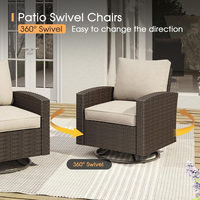 8 Pieces Patio Furniture Set with 45-Inch Firepit, Outdoor Wicker Conversation Set with 3-Seat Sofa, 4 Swivel Rocker and Metal Top Fire Pit Table & 2 Side Table for Garden, Beige Cushion