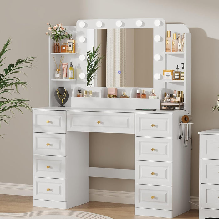 White Premium Illuminated Makeup Vanity With Outlet