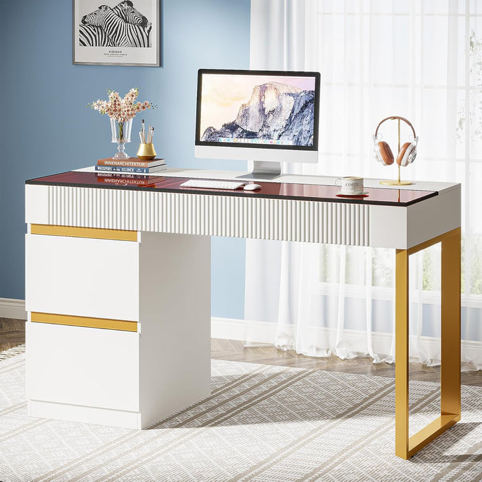 Computer Desk with 4 Drawers, 47 Inch Modern Home Office Desk with Glass Top, White and Gold Writing Workstation Desk with Storage, Makeup Vanity Table for Living Room, Bedroom