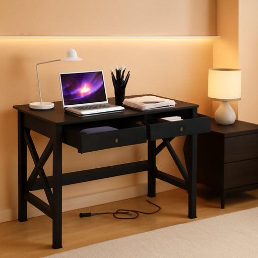 Computer Desk with USB Charging Ports and Power Outlets, 39" Black Desk with Drawers, Small Study Writing Table with Stable X Frame for Home Office