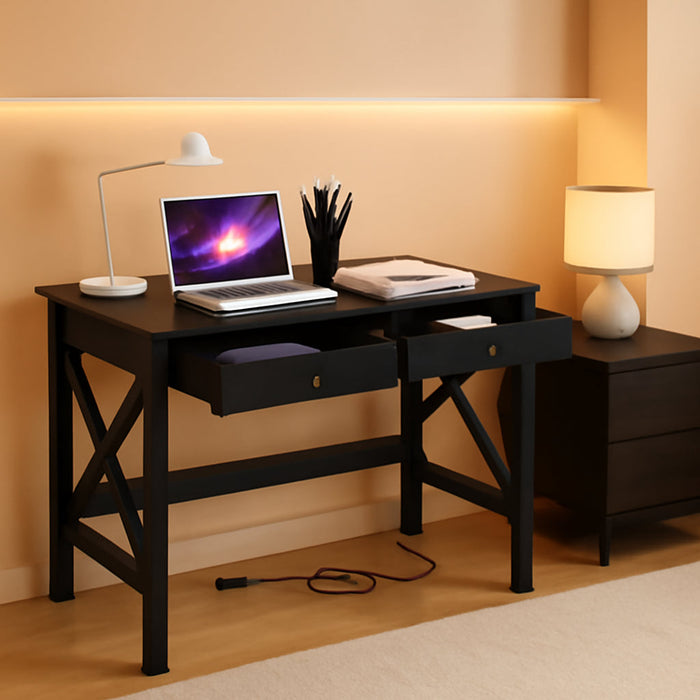 Computer Desk with USB Charging Ports and Power Outlets, 39" Black Desk with Drawers, Small Study Writing Table with Stable X Frame for Home Office