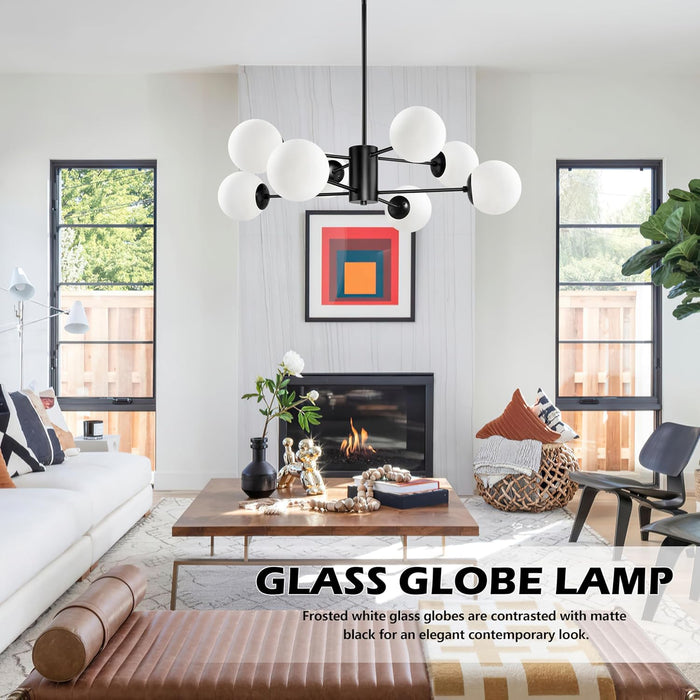 8-Light Globe Sputnik Chandelier Black Mid Century Modern Light Fixture Matte Black Finished with White Frosted Globe Glass Lampshade Sputnik Chandeliers for Dining Room Bedroom Kitchen Island