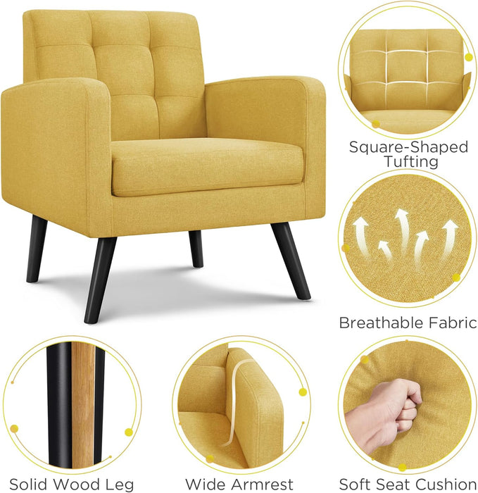 Yellow Compact Mid Century Upholstered Tufted Armchair
