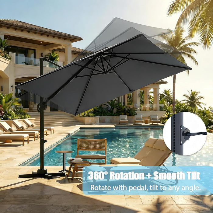 Large Cantilever Patio Umbrella, 10 Ft X 10 Ft Heavy Duty Aluminum Cantilever Offset Outdoor Umbrella with 360-Degree Rotation for Backyard, Deck, Pool (Grey)