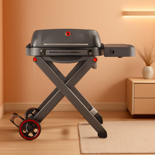 Portable Propane Gas Grill with Folding Cart & 13000 Btus Burner, 360 Sq. In. Cast Iron Cooking Grates, Side Table, 8" Wheels, Stainless Grease Tray for Outdoor BBQ, Camping & Tailgating, Grey