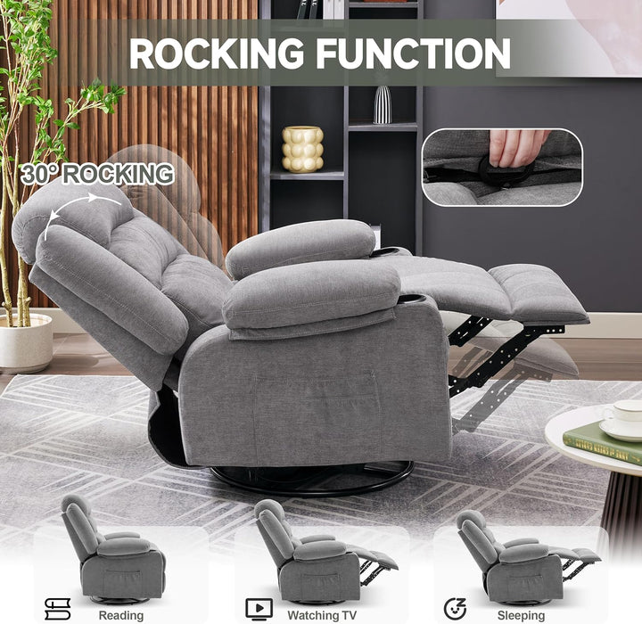 Rocker Recliner Chair with Heat and Massage, 360° Swivel Recliner Chairs for Adults, Oversized Recliner Single Sofa Seat with Cup Holders, Lazy Boy Recliner Single Sofa Seat, Grey