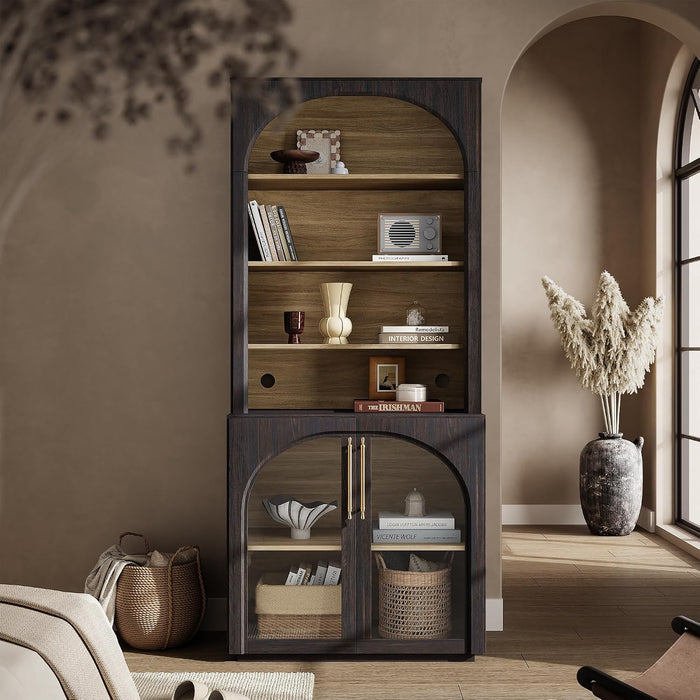72" Tall Arched Storage Cabinet with Hutch, Bookcase with Open Shelves