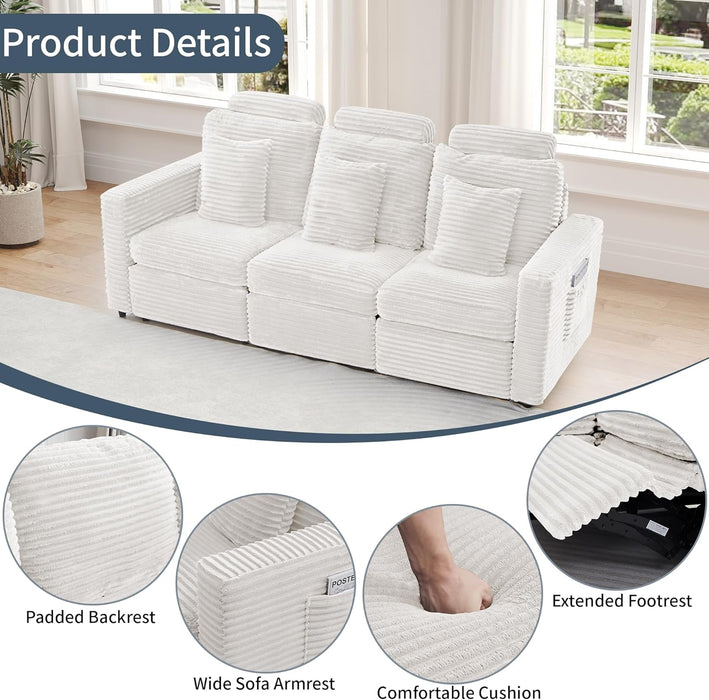 Recliner Sofa, 3 Seater Reclining Sofa with Pillows & Side Pockets, Comfy Corduroy Power Recliner Sectional Couches for Living Room, Apartment, Home Theater (White)