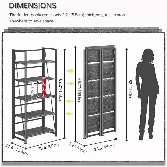 No Assembly Folding Bookshelf Book Shelves, 5-Tier 62.2"" H Collapsible Foldable Bookcase Storage Industrial Shelf for Living Room Bedroom Office