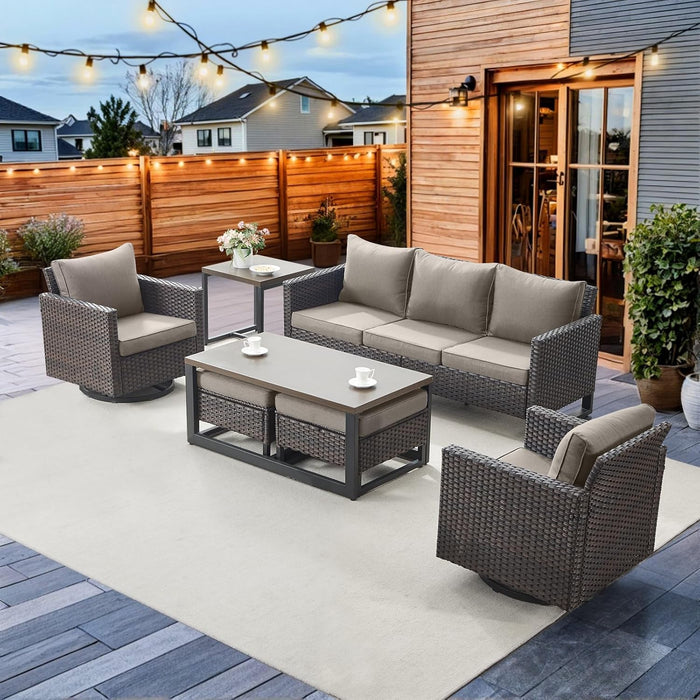 7 Piece Patio Furniture Set PE Wicker Outdoor Couch,Patio Swivel Rocker Chairs and Ottomans Tables for Porch,Garden,Backyard