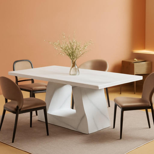 Dining Table for 4-6 People, 63 Inches Dining Room Table with Wooden Triangle Pedestal Base, White Faux Marble Rectangle Dinner Kitchen Table for Dining Room, Kitchen, Living Room