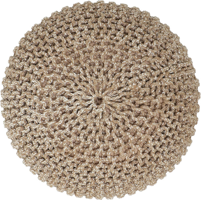 round Pouf Ottoman - Hand Knitted Cable Boho Poof Home Décor Pouffe Circular Footrest for Living Room - Nursery - Bedroom - Lounge 100% Cotton (18”X18”X14”) - Beige Ivory