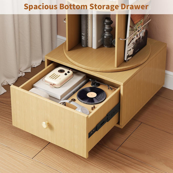 5-Tier Wood Rotating Bookshelf with Drawer & Lockable Wheels, Natural