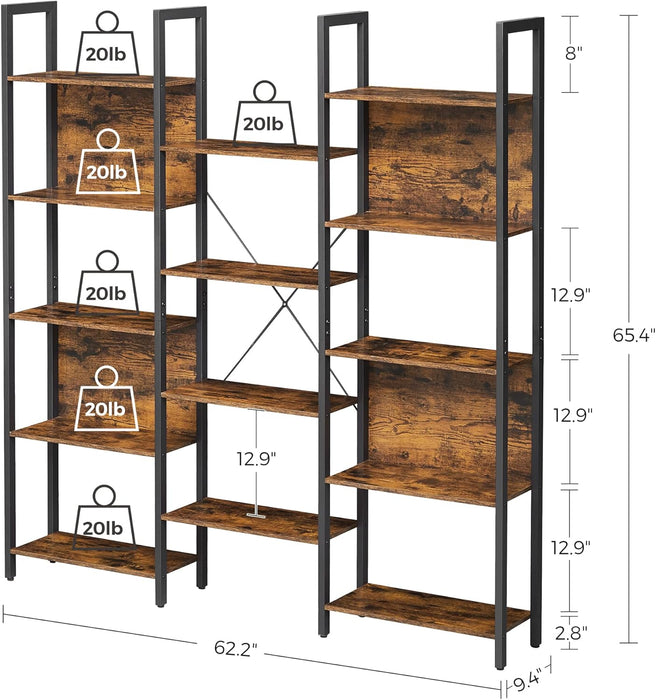 5-Tier Bookcase with 14 Shelves, Book Shelf with Metal Frame, Bookshelf for Living Room, Home Office, Industrial Style, 9.4 X 62.2 X 65.4 Inches, Rustic Brown and Black ULLS107B01