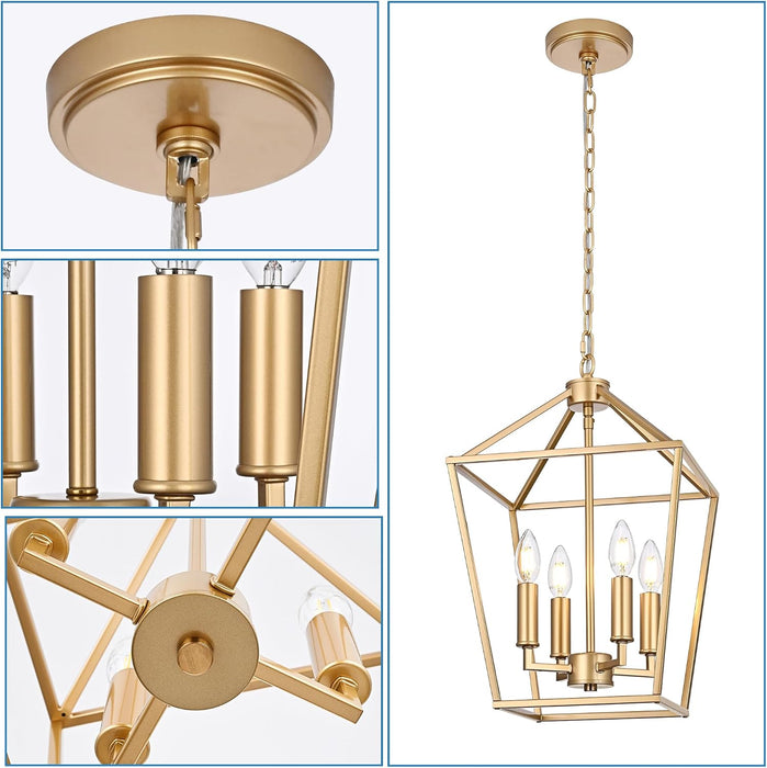 4-Light Gold Farmhouse Chandelier Iron Lantern Pendant Light