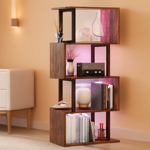 5 Tier Geometric Bookshelf with LED Light, Small S-Shaped Bookcase, Industrial Display Standing Shelf, Metal Wooden Decorative Storage Shelves for Bedroom, Living Room, Office, Rustic Brown