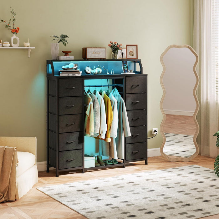 51" Dresser with Hanging Rack, 10 Drawers Closet Dresser