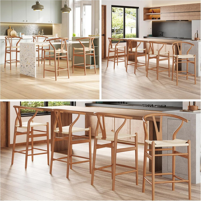 Wishbone Barstool, Weave Counter Height Bar Stool with Non-Slip Foot Mats, Fully Assembled Bar Stool for Kitchen, Island, Dining Room, Bar, Walnut