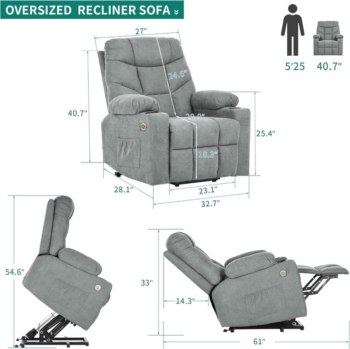 Grey Power Recliner with Massage & Heat