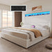 King Size Corduroy Upholstered Platform Bed Frame with Charging Station and RGB LED Lights, 53’’ Tall Storage Wingback Headboard, No Box Spring Needed, Easy Assembly, Noise-Free, White
