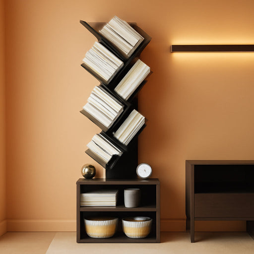 6 Tier Tree Bookshelf, Small Bookcase with Storage Cabinet, Modern Narrow Bookshelves Organizer, Floor Standing Book Shelf for Bedroom/Living Room/Home Office/Corner, Black