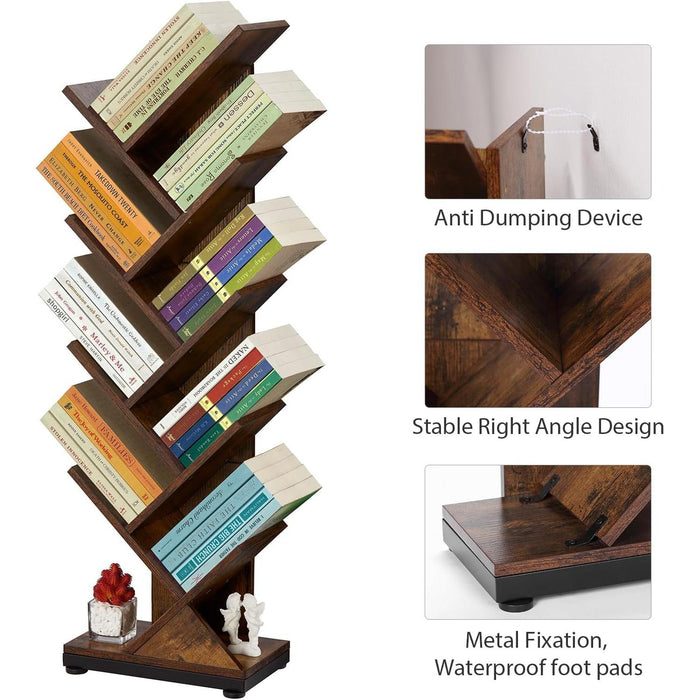8 Tier Tree Bookshelf,8 Shelf Floor Standing Bookcase Display for Cds/Magazine/Books, Retro Bookshelf for Bedroom, Living Room, Office,Balcony,Book Organizer Storage Shelves