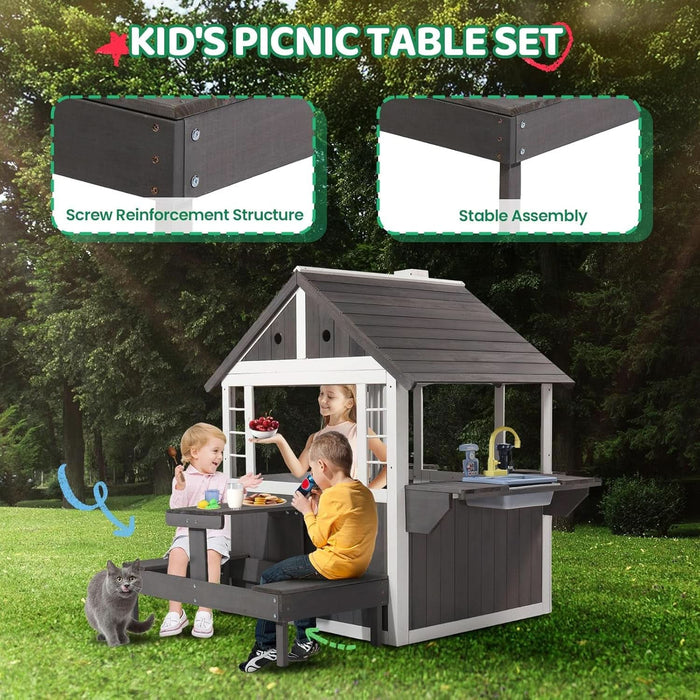 Kids Wooden Playhouse for Outdoor, Cottage with Sink, Picnic Table, Mailbox, Flowerpot Holders, Age 3-8 (Gray&White)