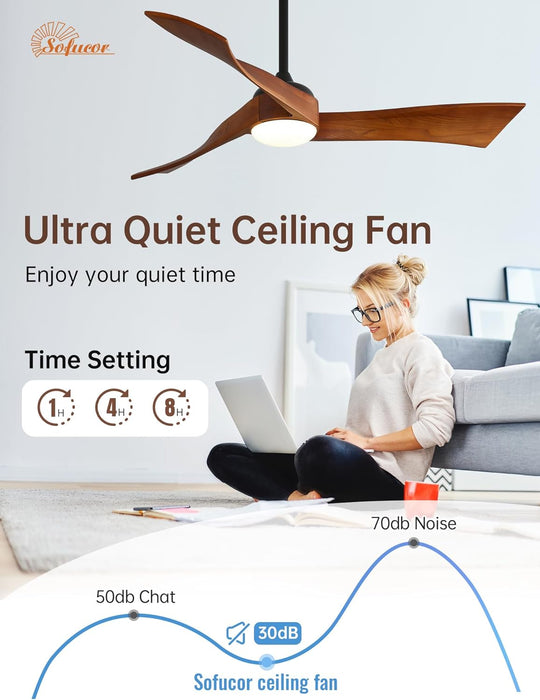 52 Inch Ceiling Fan with Light and Remote, Modern 3 Solid Wood Blades Ceiling Fan, 6 Speeds 5500CFM, Dimmable 3-Color LED with Memory, Timer & Quiet & Reversible DC Motor, ETL, Walnut Wood