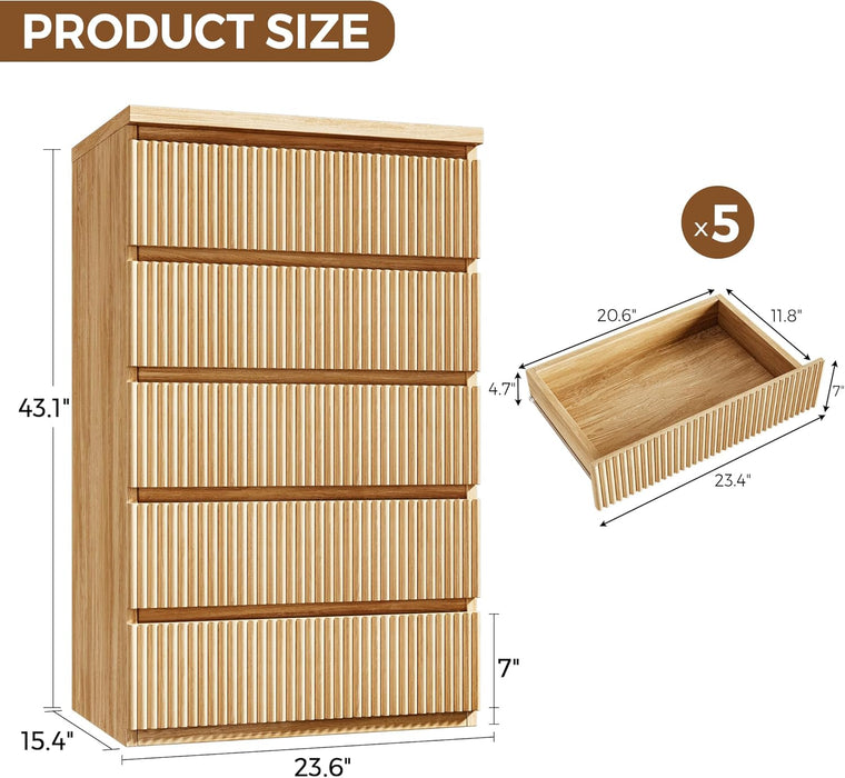 Fluted 5 Drawer Dresser for Bedroom, 43" Tall Dresser for Bedroom, Modern Fluted Chest of Drawers, Handle-Free/Floor-Mounted Wood Drawer Dresser for Living Room, Bedroom, Entryway, Hallway (Oak)