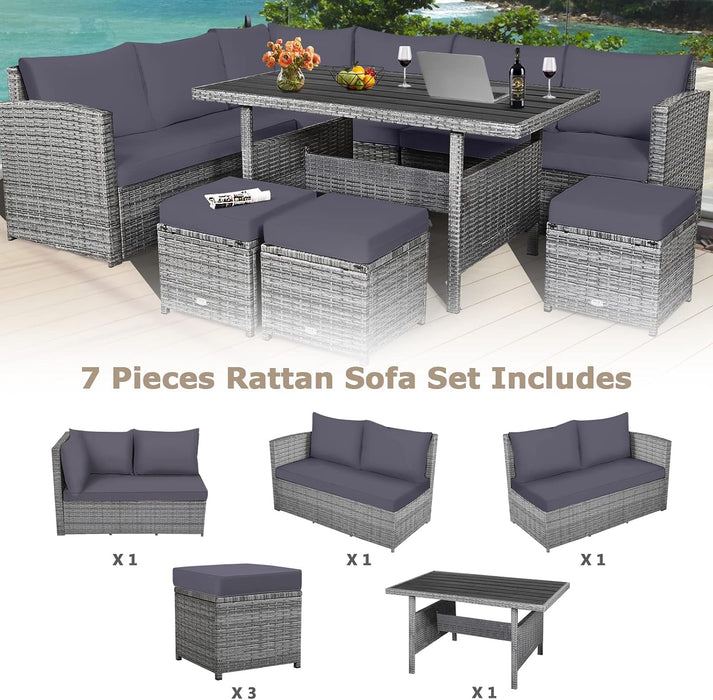 7 Pieces Rattan Wicker Patio Conversation Set (Grey)