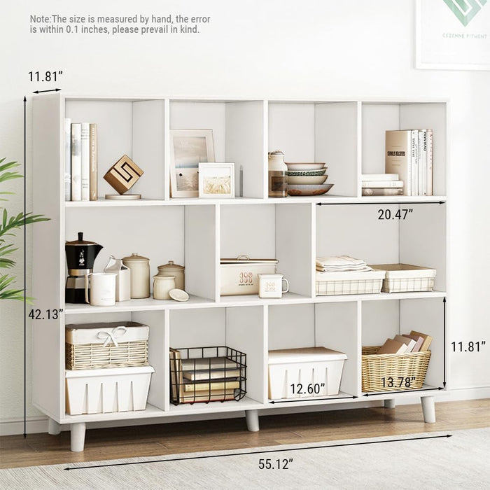 Open Cube Low Bookcase - 3-Tier Freestanding Storage Display Cabinet Organizer with Legs for Home Office, 11-Cubes Open Shelf Short Bookshelf, White