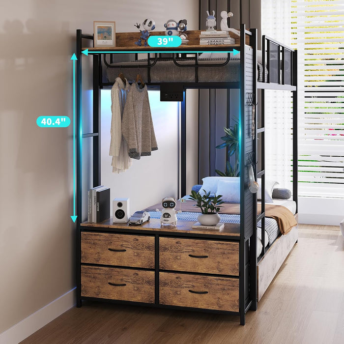 IndustrialGrade Brown Metal Twin Over Twin BunkBedStorage